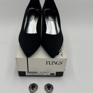 Vintage Flings Black Silk Kitten Heels Sz 8 w/ Medallion Clips USA Kinney